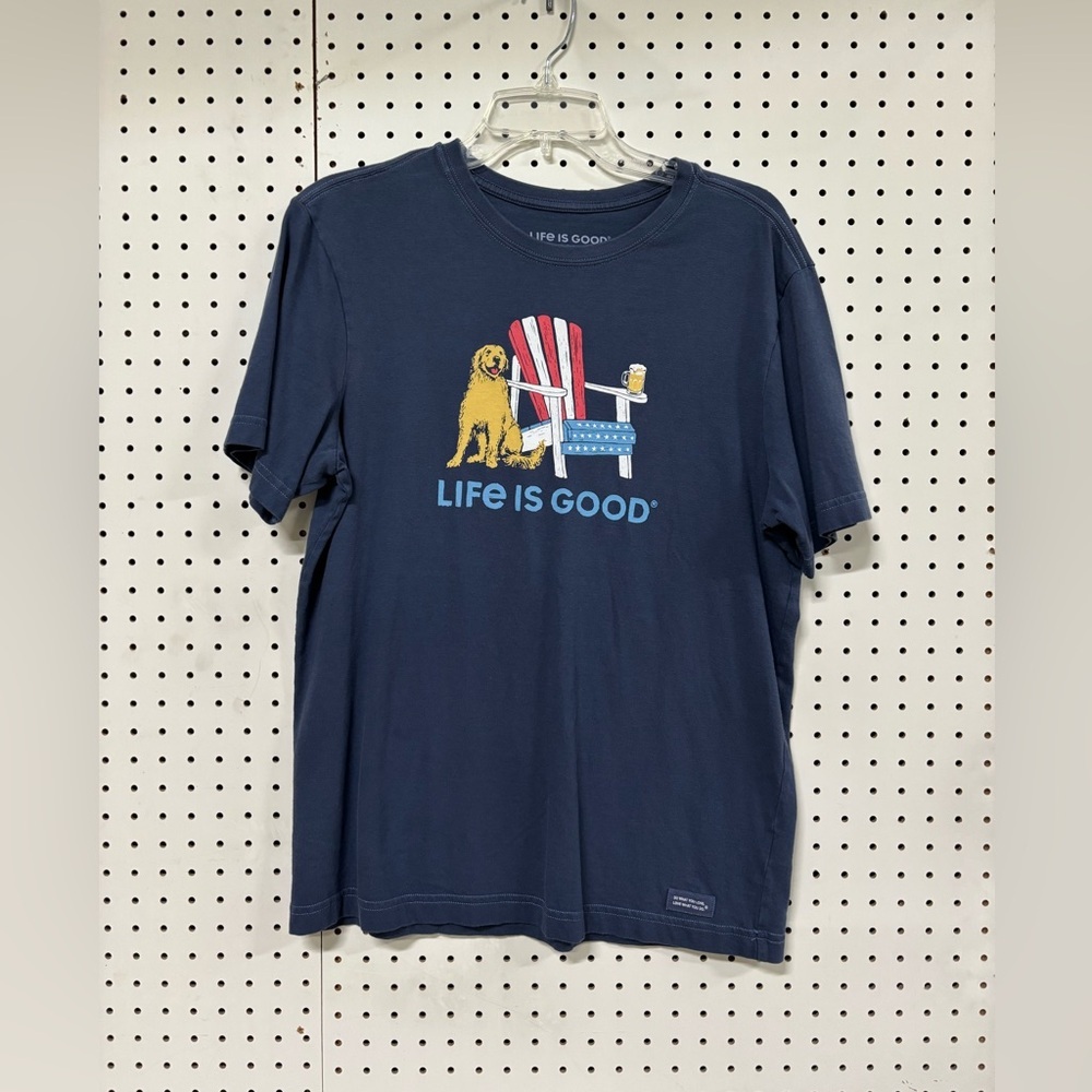 Life Is Good Navy T-Shirt with Dog and Beer Graphic Small